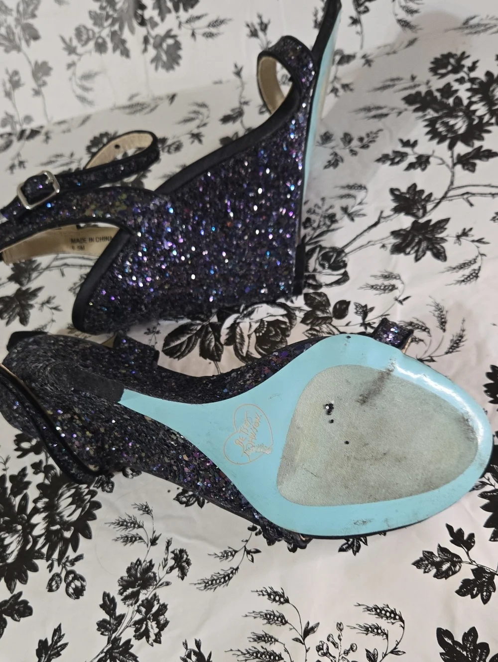 Betsey Johnson Black and Purple Glitter Slingback Heels B114
